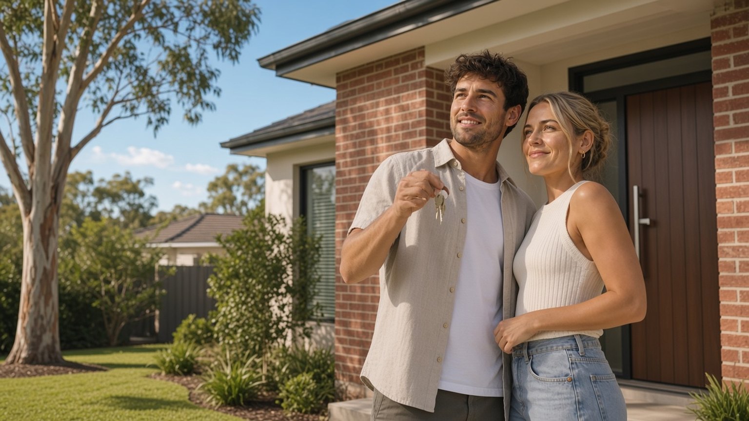 A couple in their early thirties at the front door of their Brisbane home, holding the keys