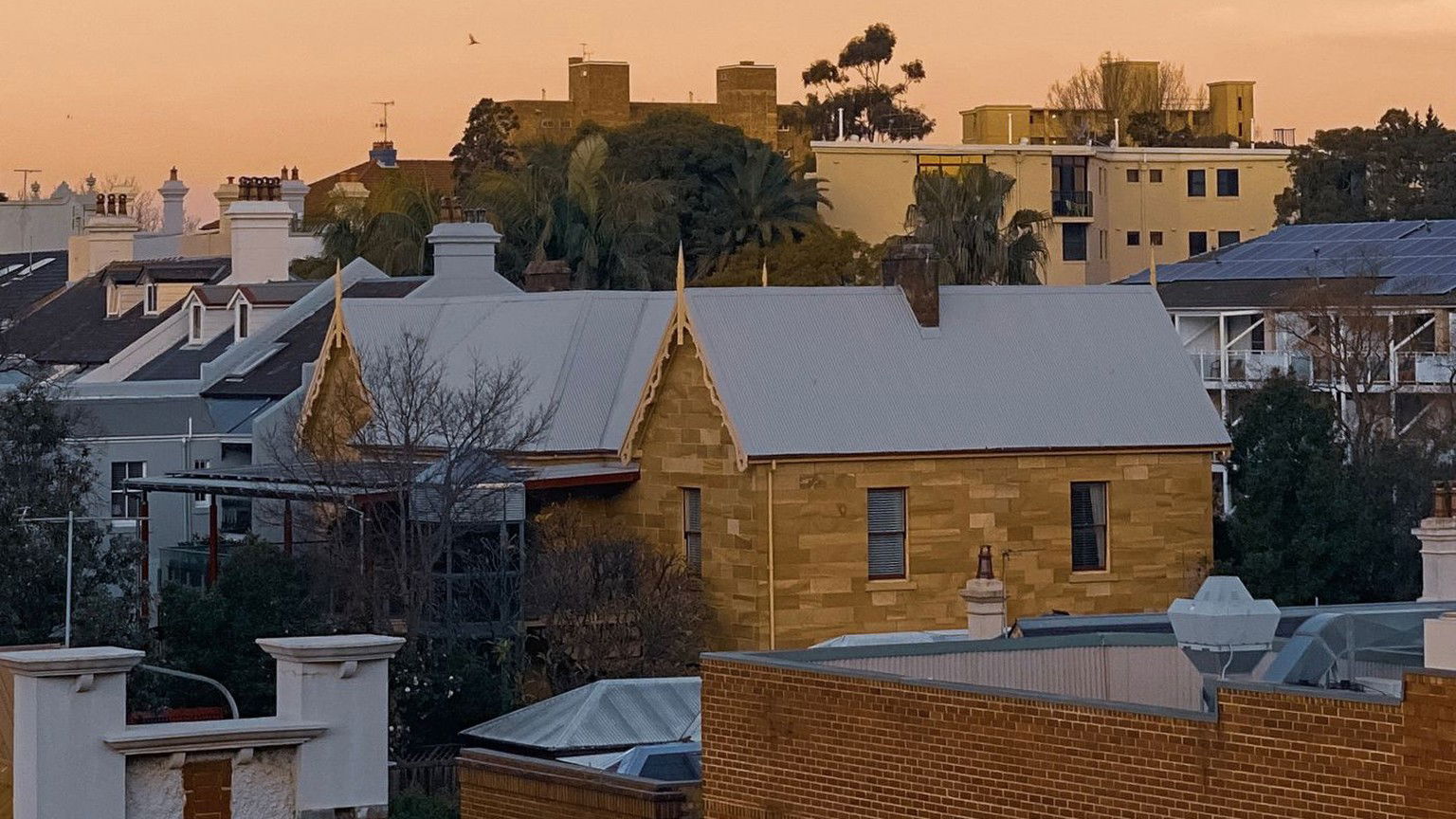Sydney neighbourhood rooftops at sunrise over Australian suburban houses
