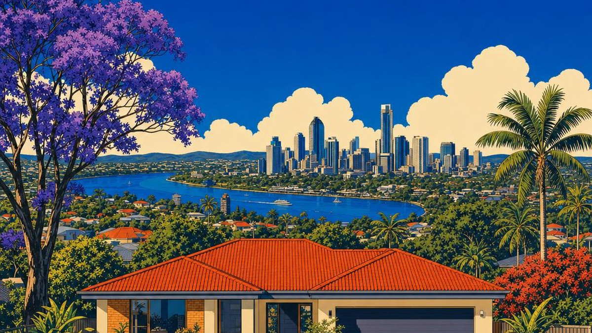 Illustration of a brick home overlooking the Brisbane River and skyline, home of PublicSquare's head office