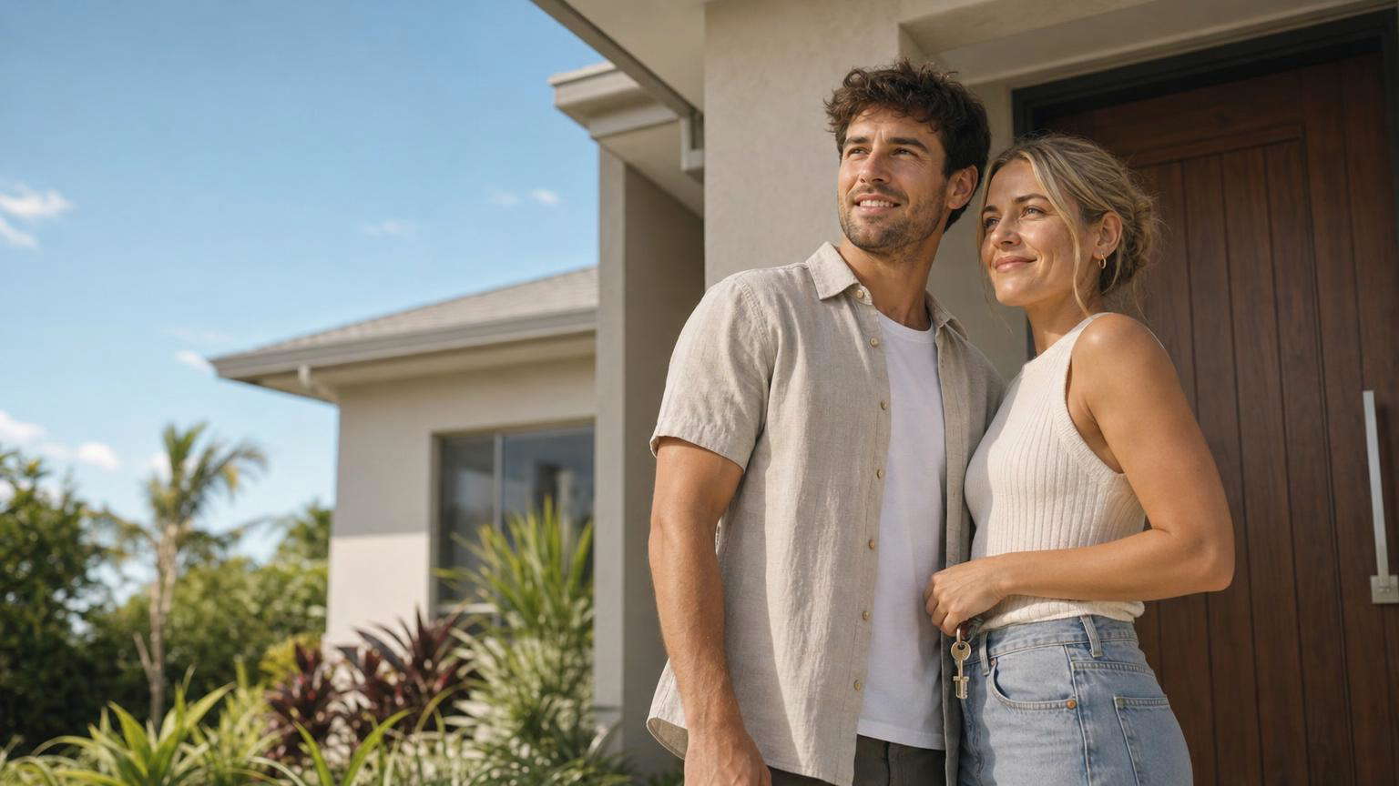 A couple standing at the front door of their new home in suburban Queensland, keys in hand