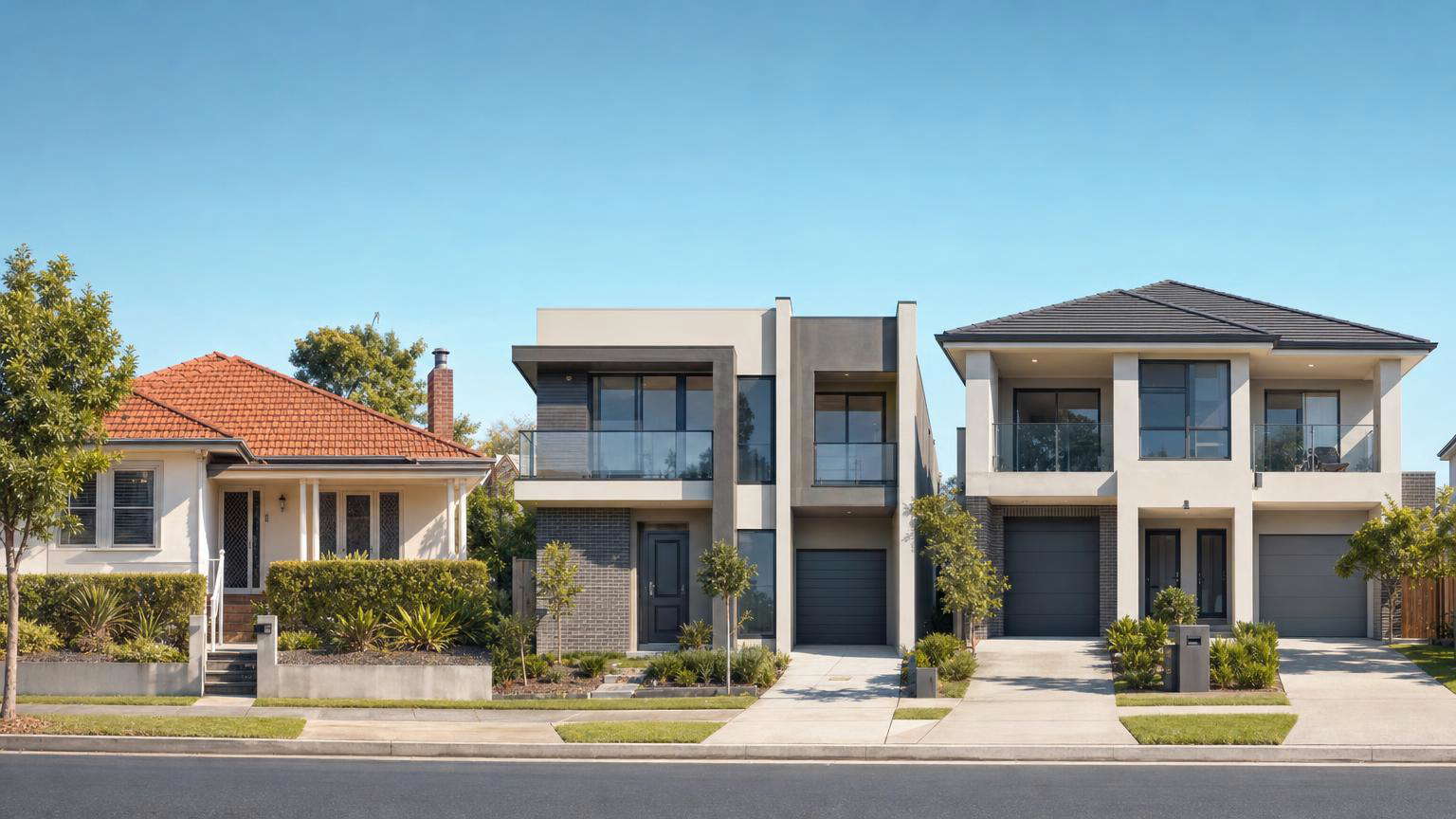 A street of Australian investment properties side by side: a traditional house, a townhouse and a duplex