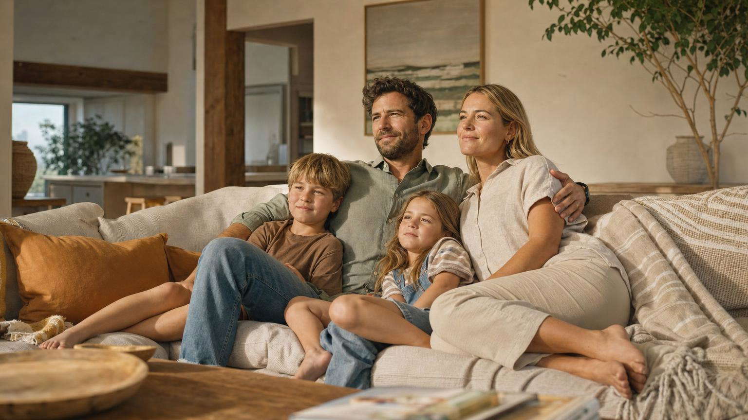 A family relaxing together on the sofa in the living room of their home